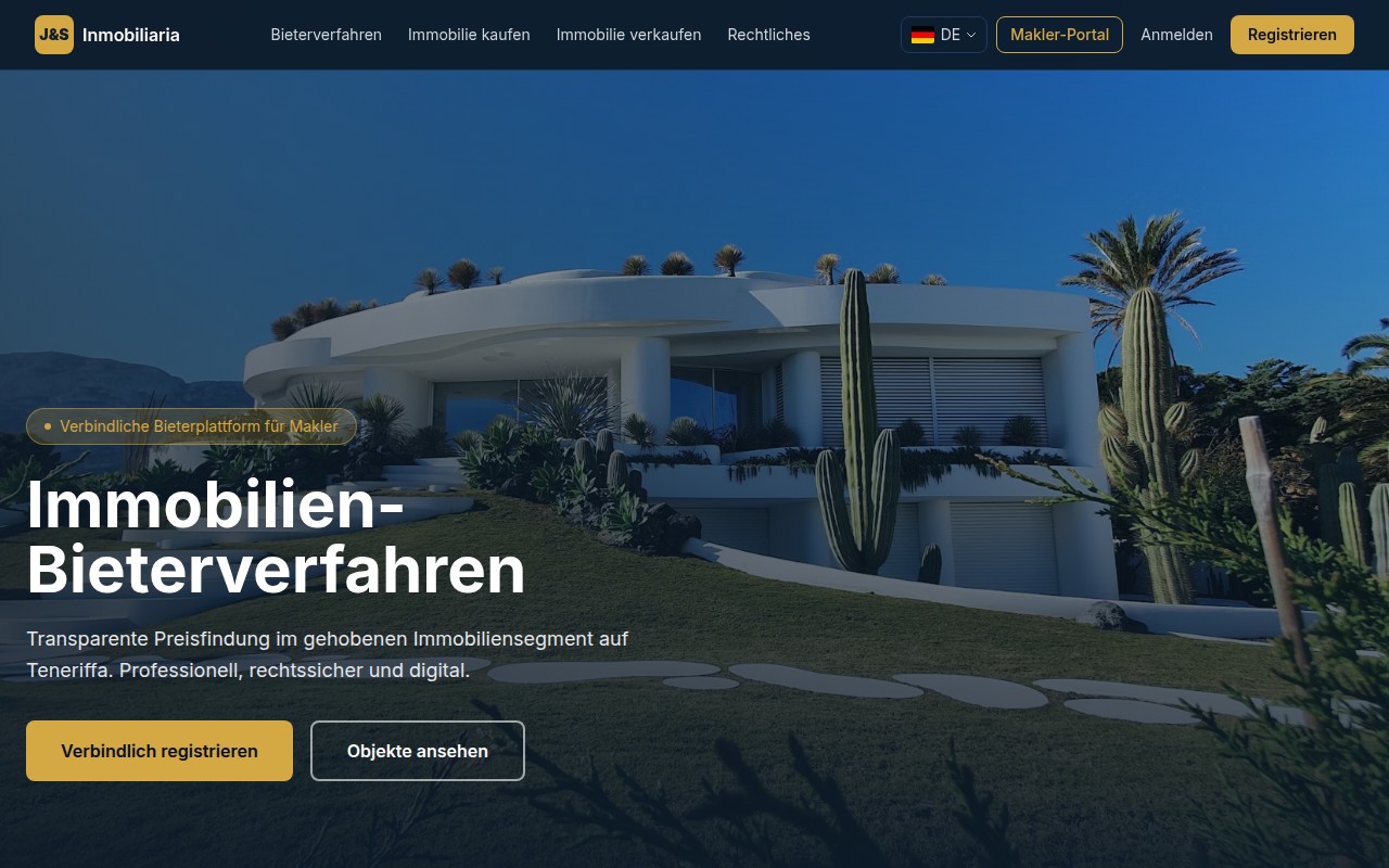 Immobilien Bieterverfahren: Plataforma inmobiliaria con proceso de pujas, base de datos y pagos online.