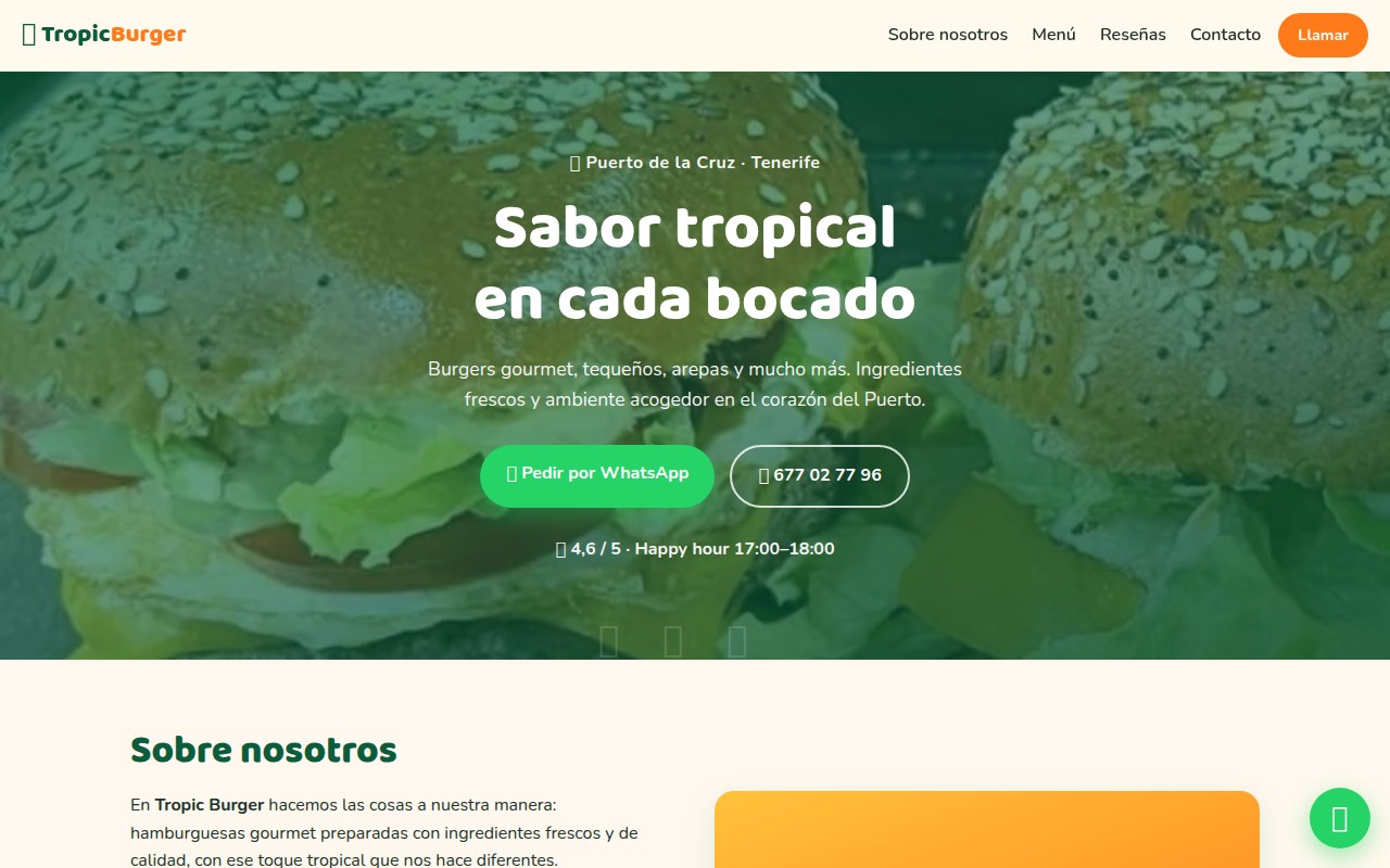 Tropic Burger: Web para una hamburguesería con mucho carácter. Rápida, mobile-first y con reseñas reales.